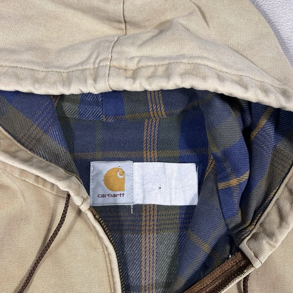 Vintage Carhartt Tan Hooded Jacket Size XL Flannel Lined Active Duck Full Zip